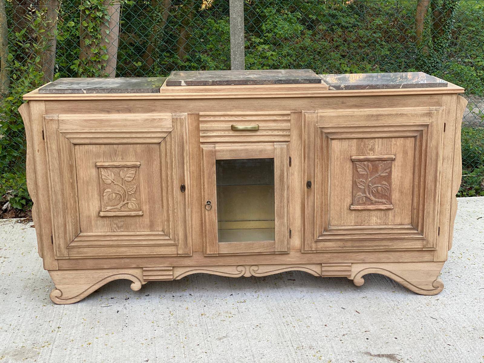 Renovated art deco sideboard in solid raw oak and gray marble 190cm