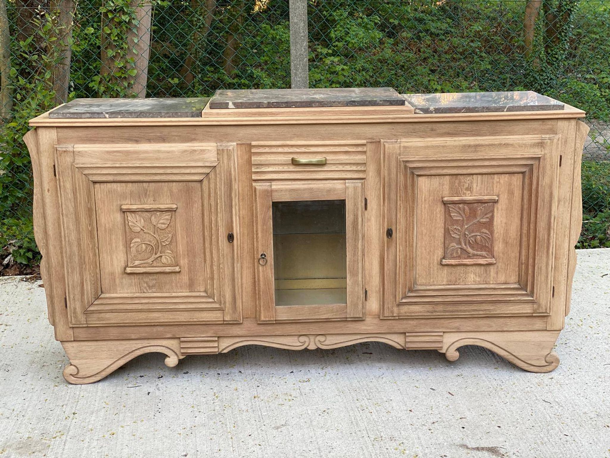 Renovated art deco sideboard in solid raw oak and gray marble 190cm