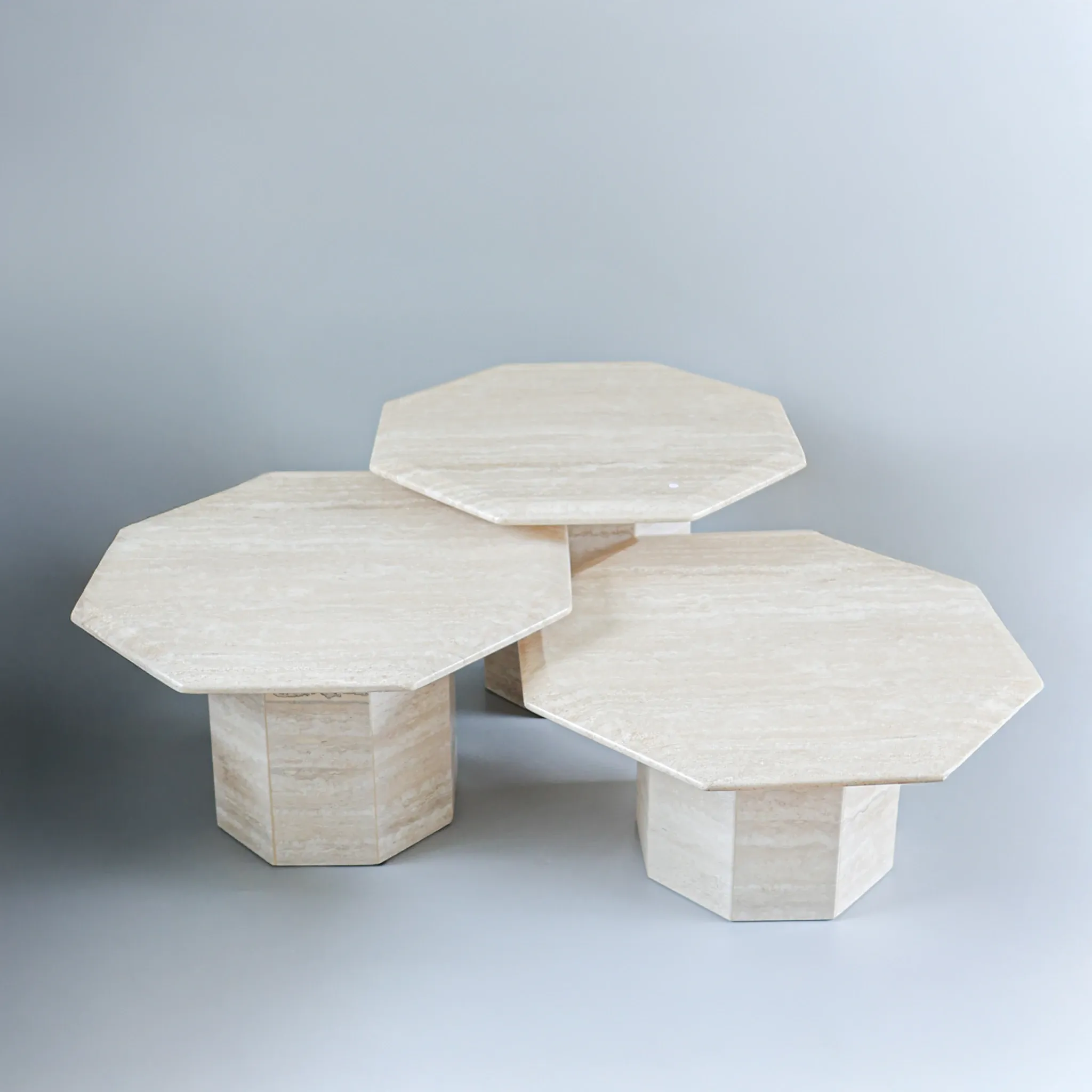 Set of 3 Travertine Octagonal Nesting Tables, 1970s.