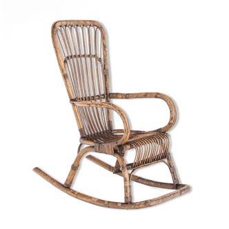 Chaise à bascule rocking chair vintage en rotin France 1960