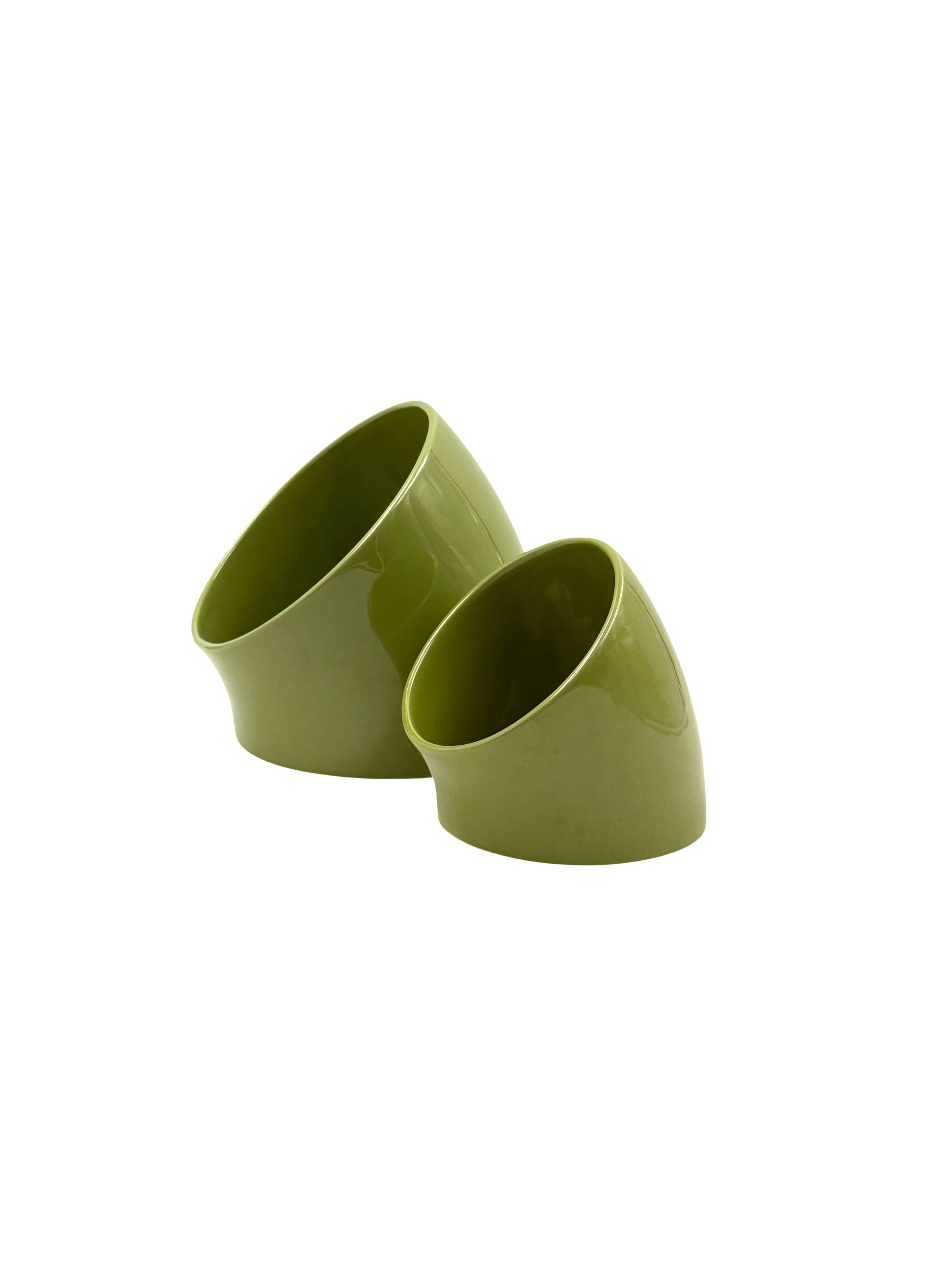 Space age set of 2 green ceramic vide poche, Sicart Italy ca. 1970