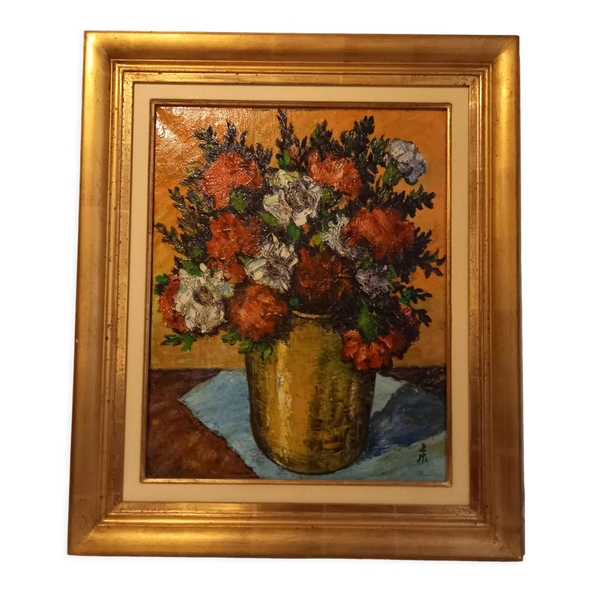 Old painting, oil on canvas, representing a bouquet of flowers, mid-twentieth century