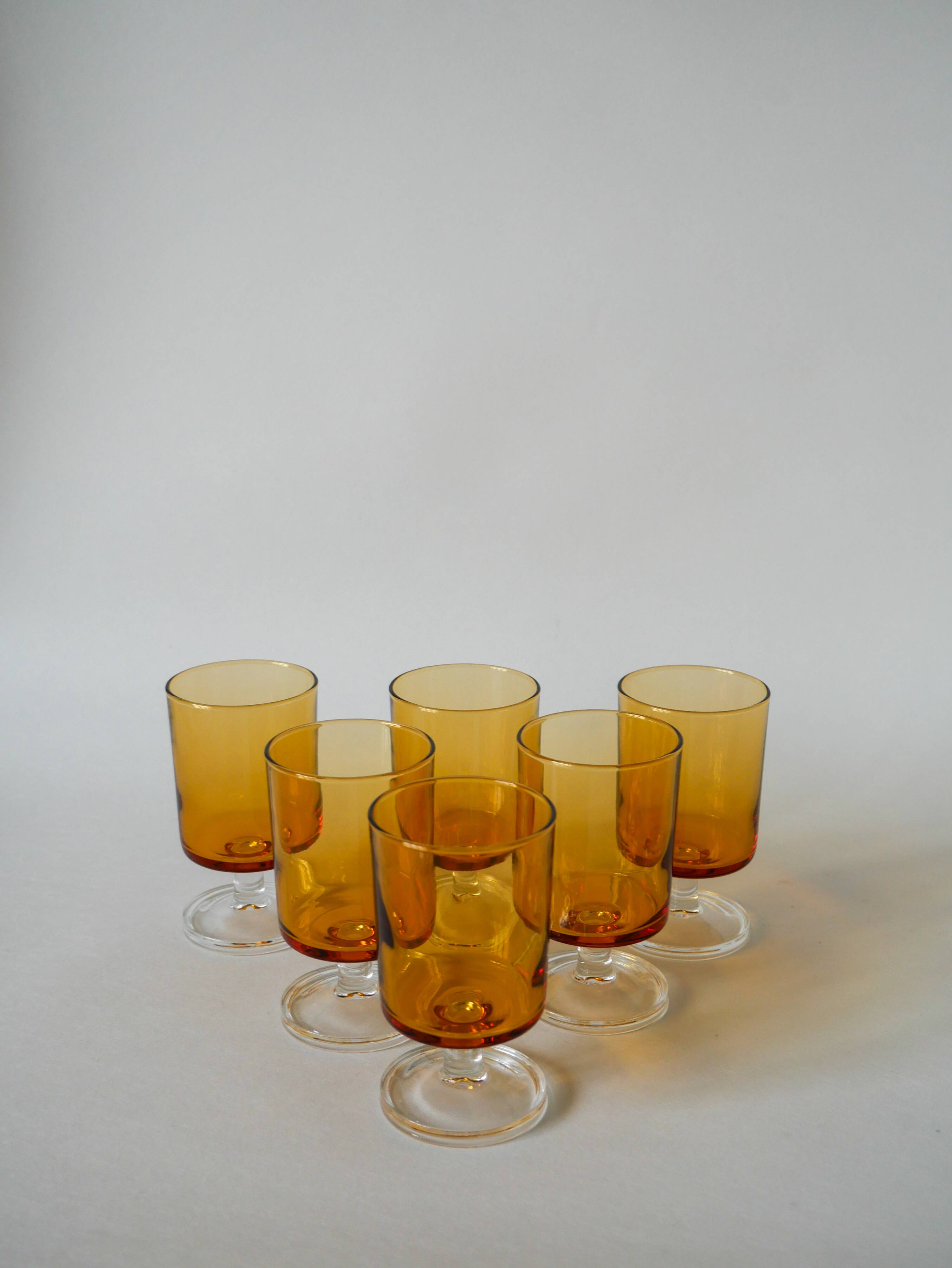 set of 6 vintage Luminarc amber wine glasses 1970