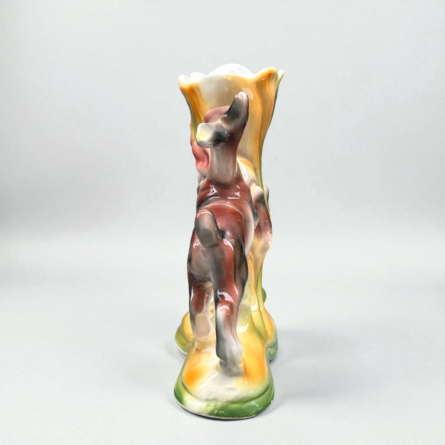Vintage Italian polychrome ceramic vase with animal motif, deer, and flower (ICAP)