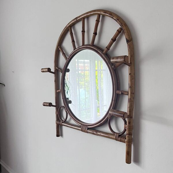 Miroir porte-manteau en bambou années 60