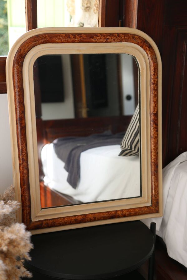Miroir ancien style Louis Philippe, loupe de bois