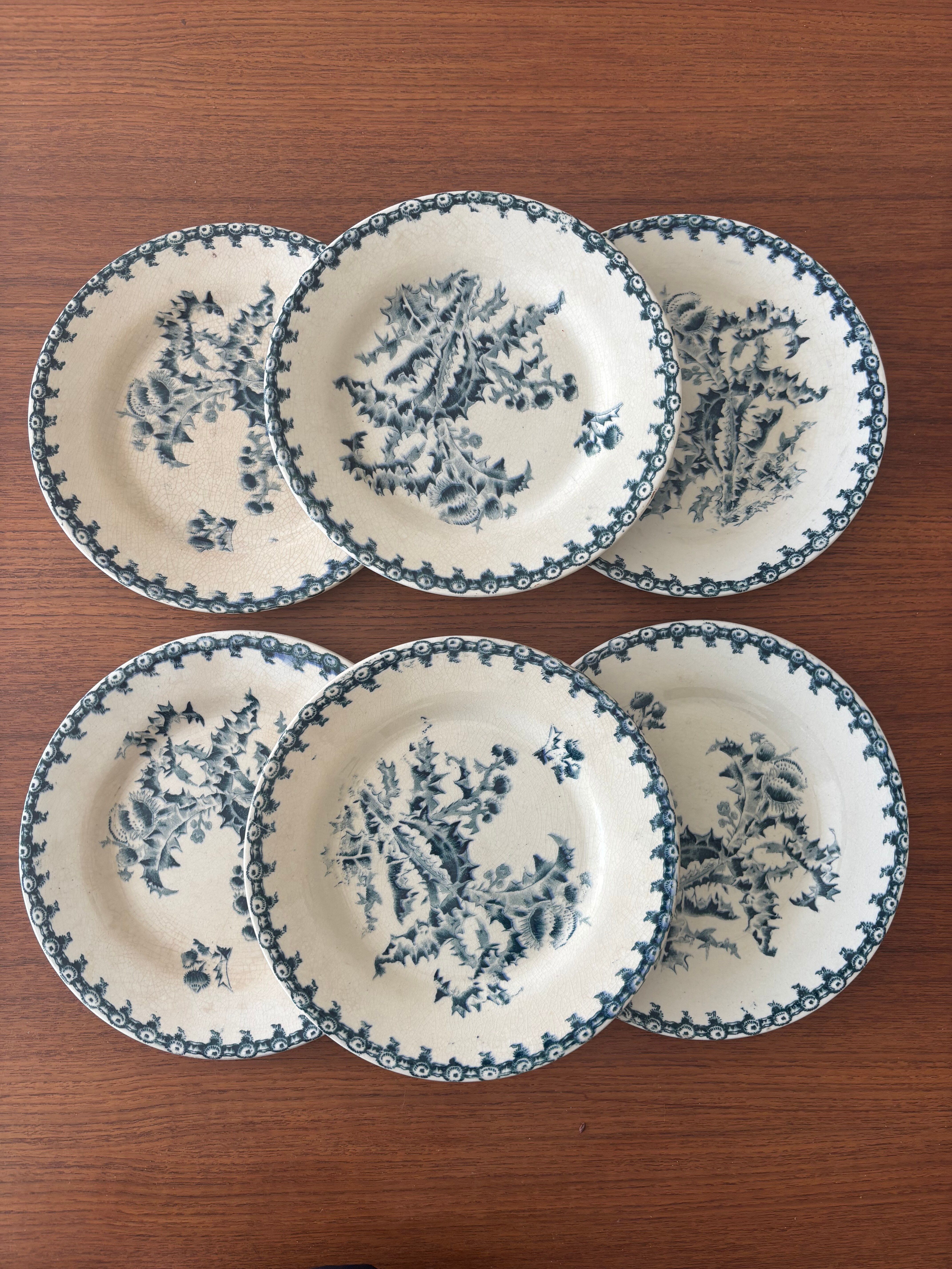 Set of 6 antique dessert plates Gien model Thistle Terre de Feu