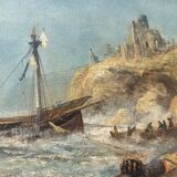 19th century oil on canvas depicting an animated marine scene with its gilded wooden frame