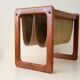 Vildbjerg magazine rack, Danish Mid Century Modern magazine rack in teak and suede