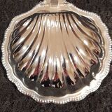 Silver-plated metal scallop butter dish and white glass bowl