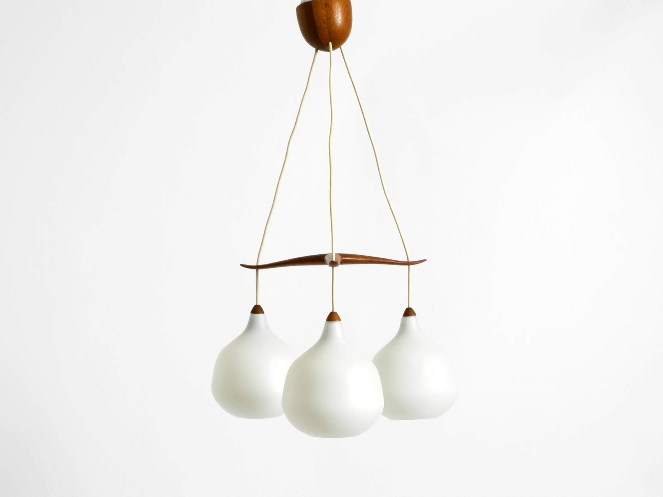Pendant lamp with opal glass shades teak frame by Uno & Östen Kristiansson
