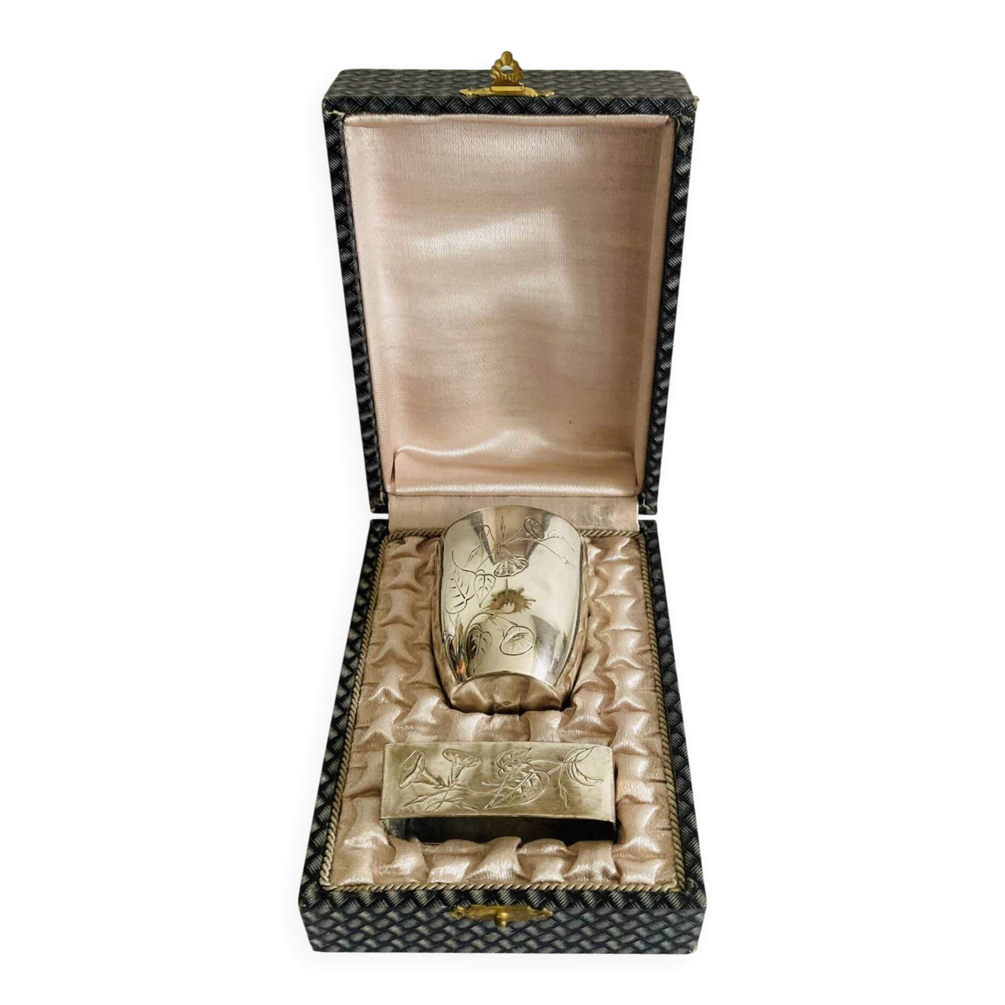 Art Nouveau silver-plated napkin holder with hallmark + case