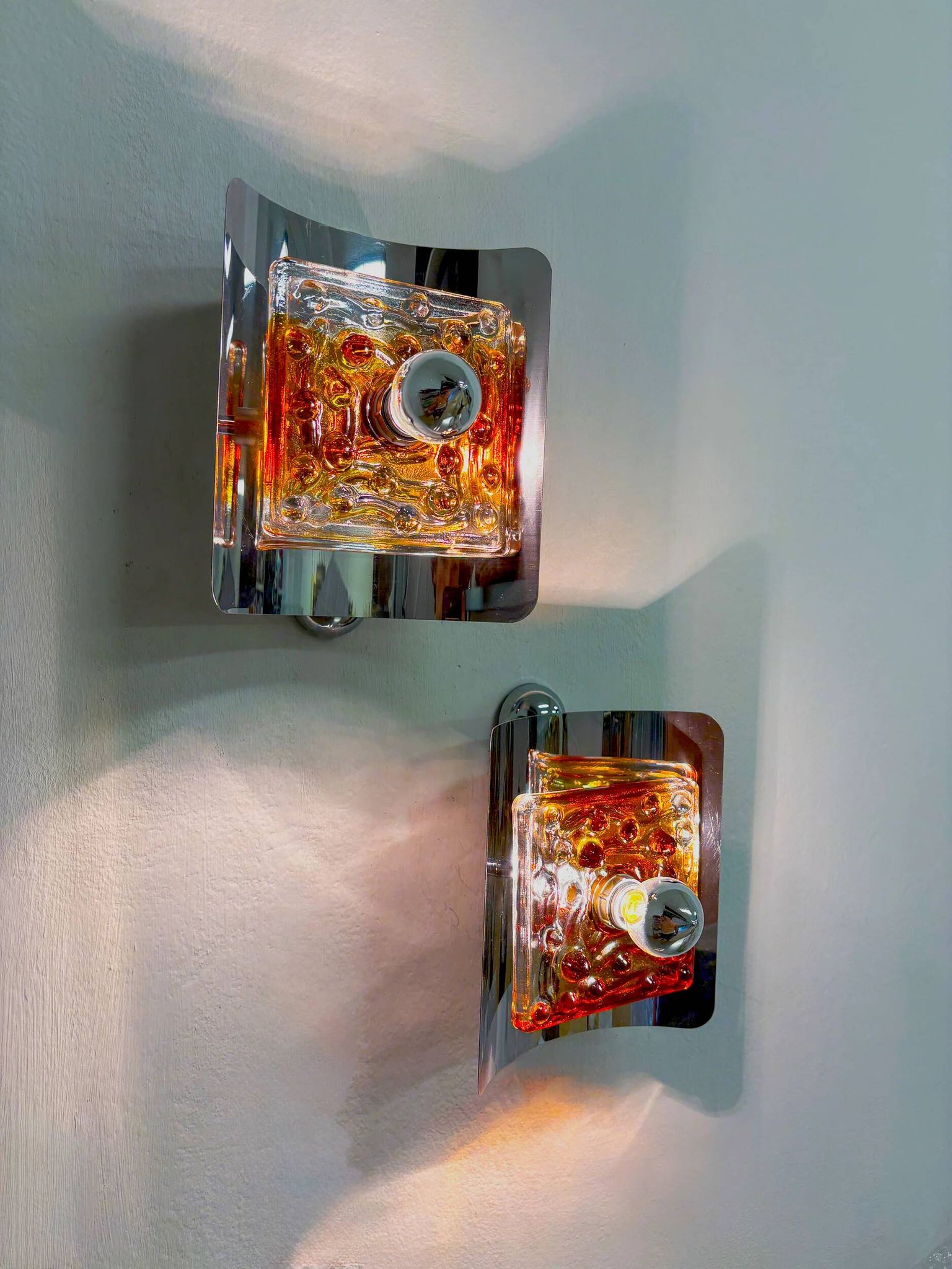 Pair of orange Murano Mazzega wall sconces, Italy, 1970s