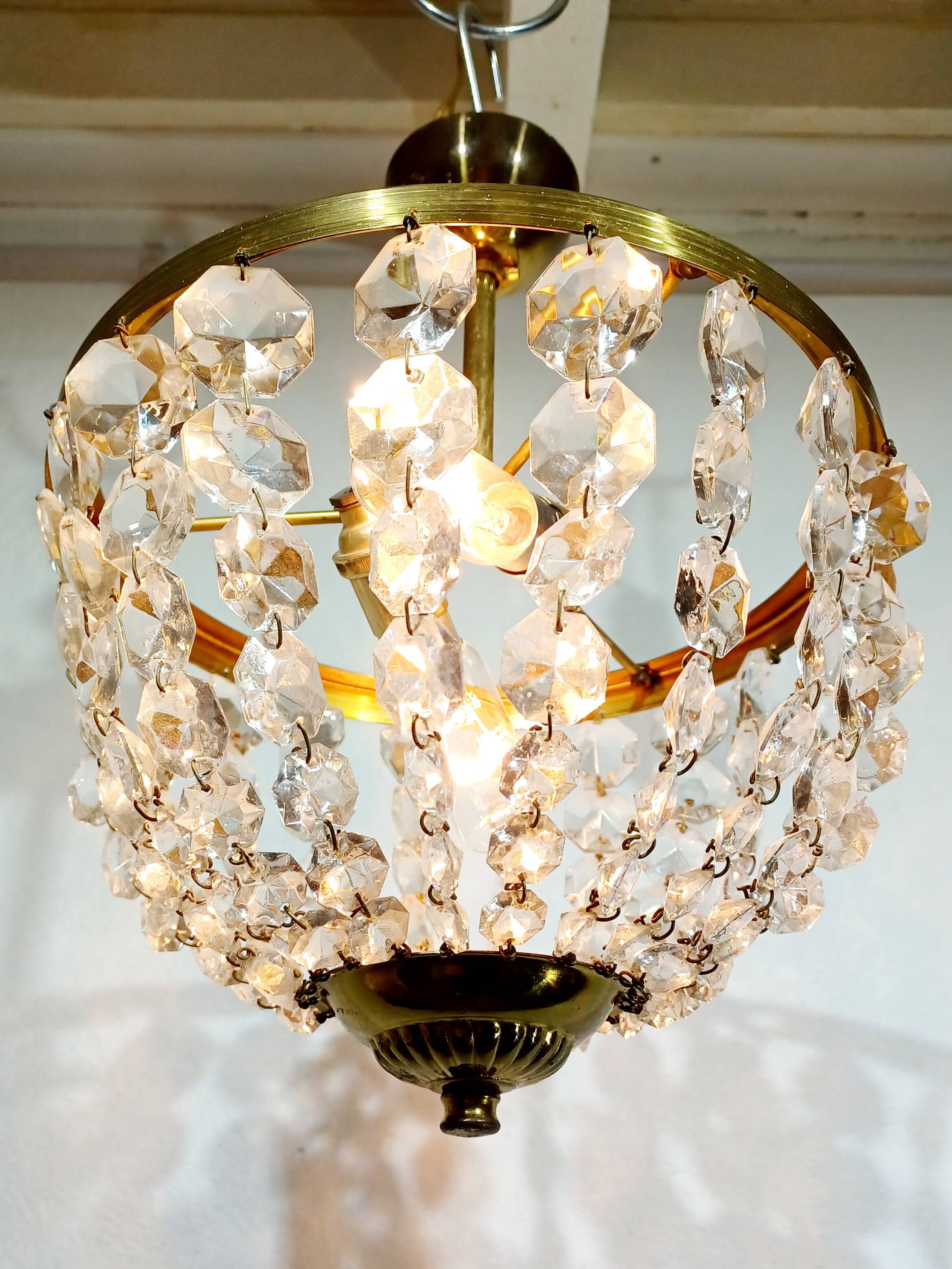 Plafonnier 2 lumières Laiton Et Cristal