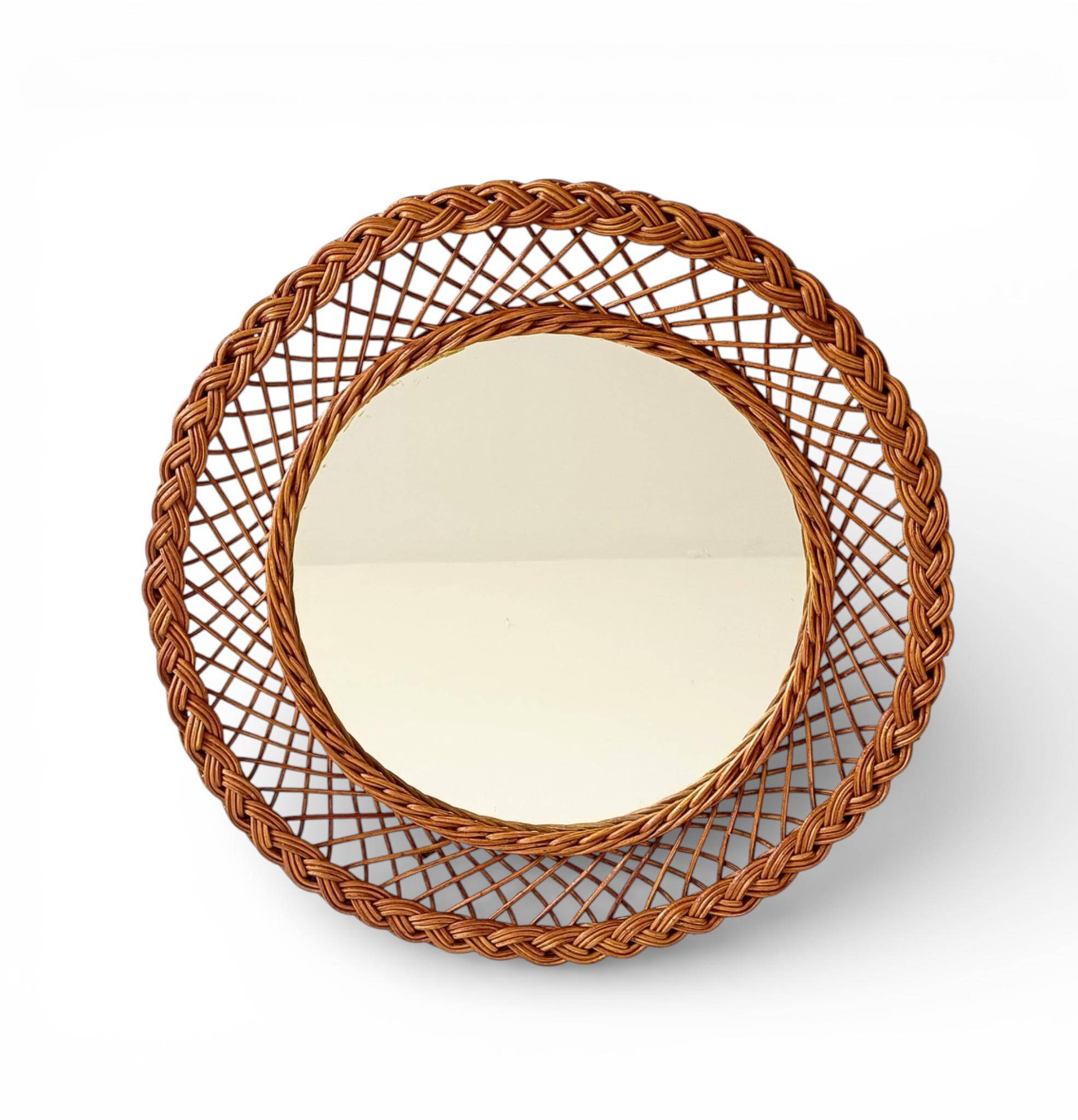 Rustic French Provence Wicker Round Mirror, Organic Modern, Handmade, France