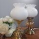 Trio lampes à poser style art deco bronze et opaline blanche
