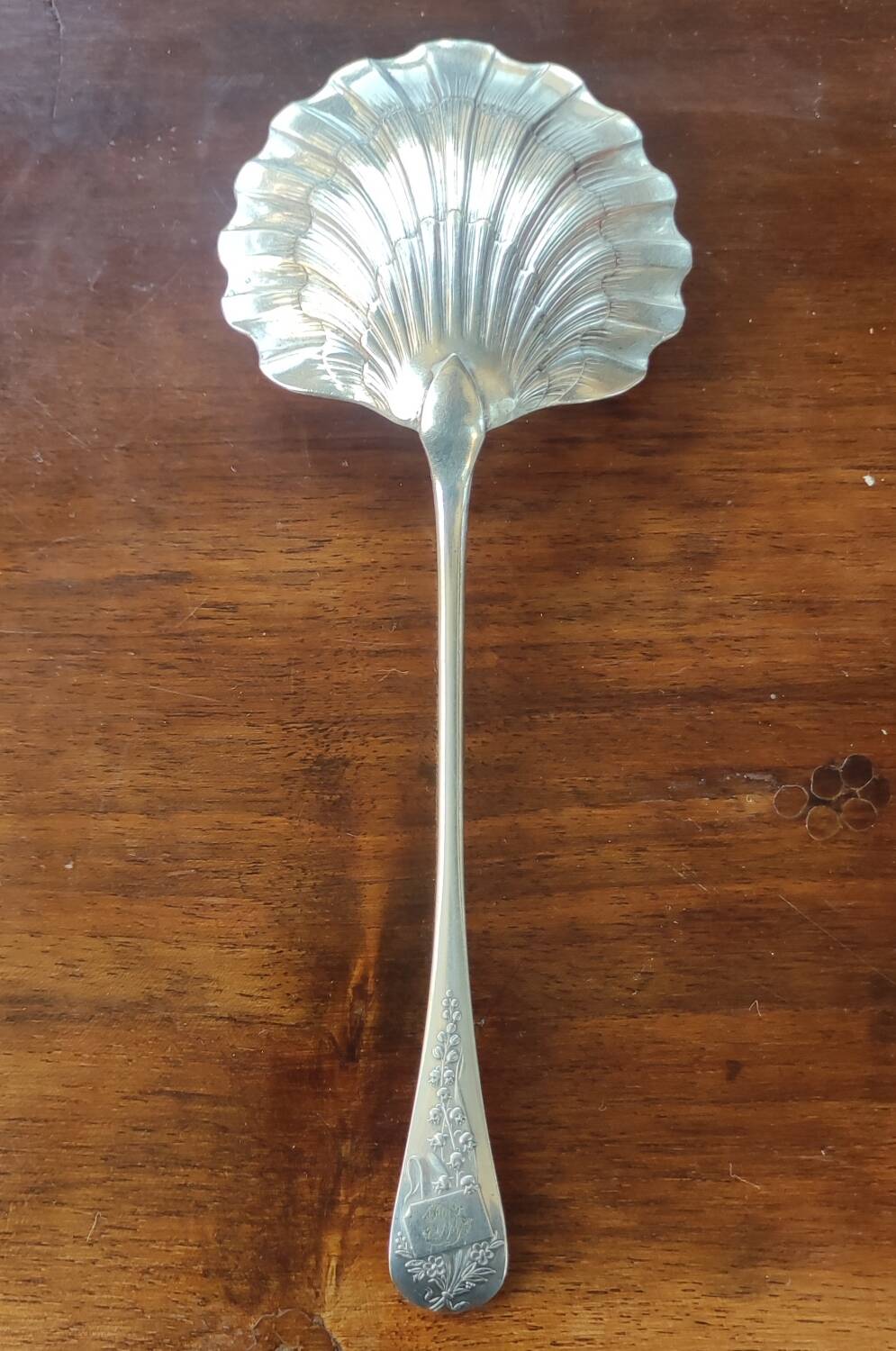 Old silver metal strawberry serving shovel spoon Ercuis goldsmith lily of the valley model