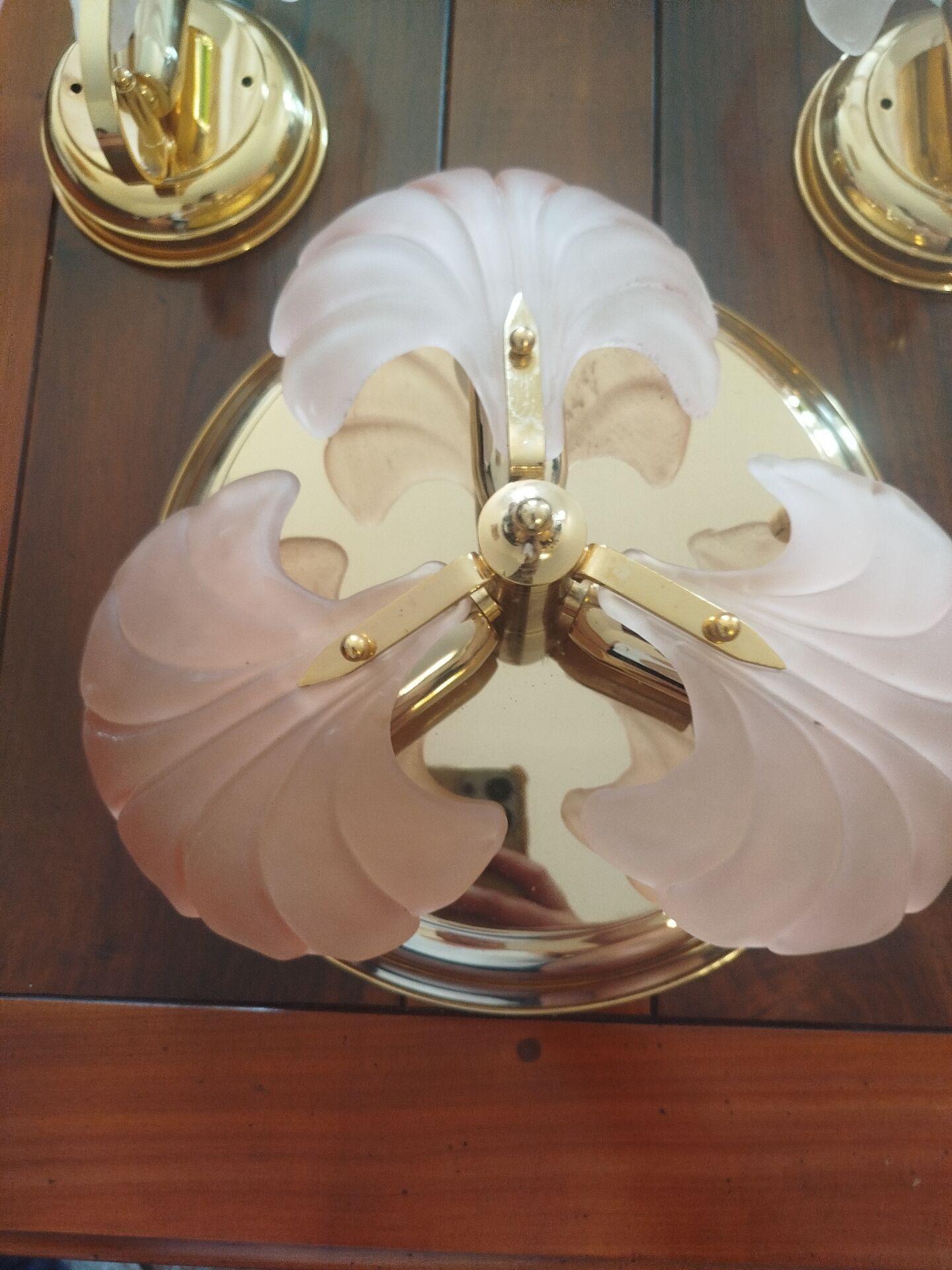 Rare set of wall sconces and shell ceiling light.