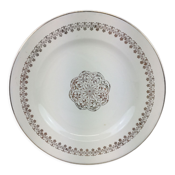 Plat rond ancien en céramique opaque blanc et or made in france Digoin