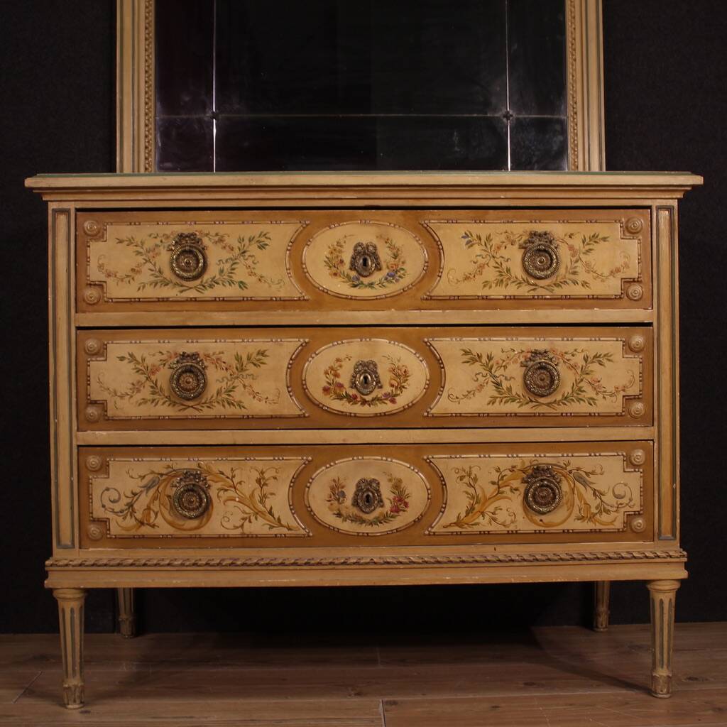 Commode en bois laqué avec miroir style Louis XVI