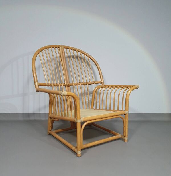 Chaise longue surdimensionnée en rotin/bambou avec coussins d'origine. Années 1970