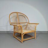 Chaise longue surdimensionnée en rotin/bambou avec coussins d'origine. Années 1970