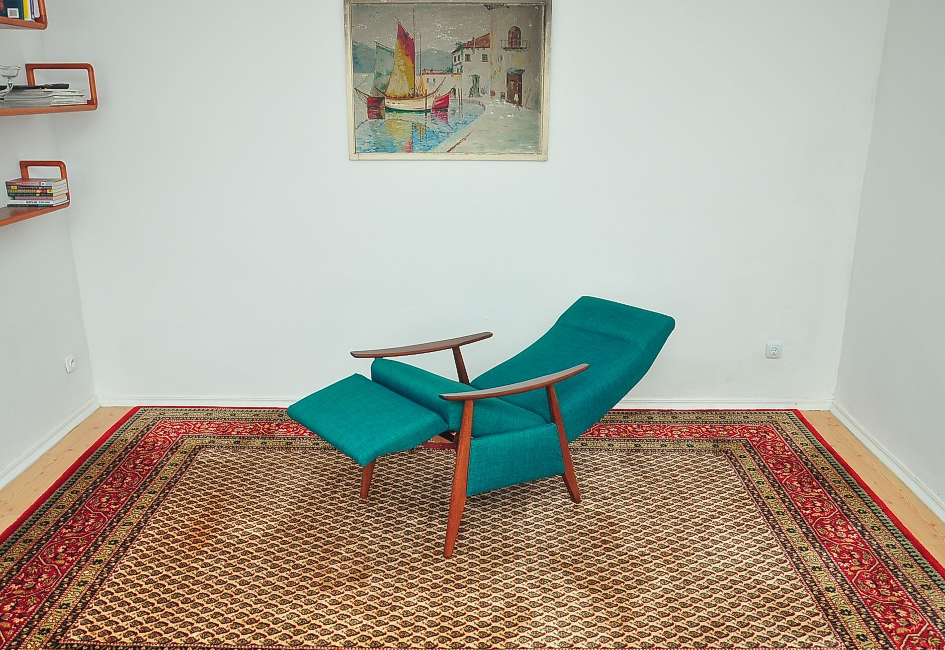 Turquoise armchair with folding footrest, 1960s