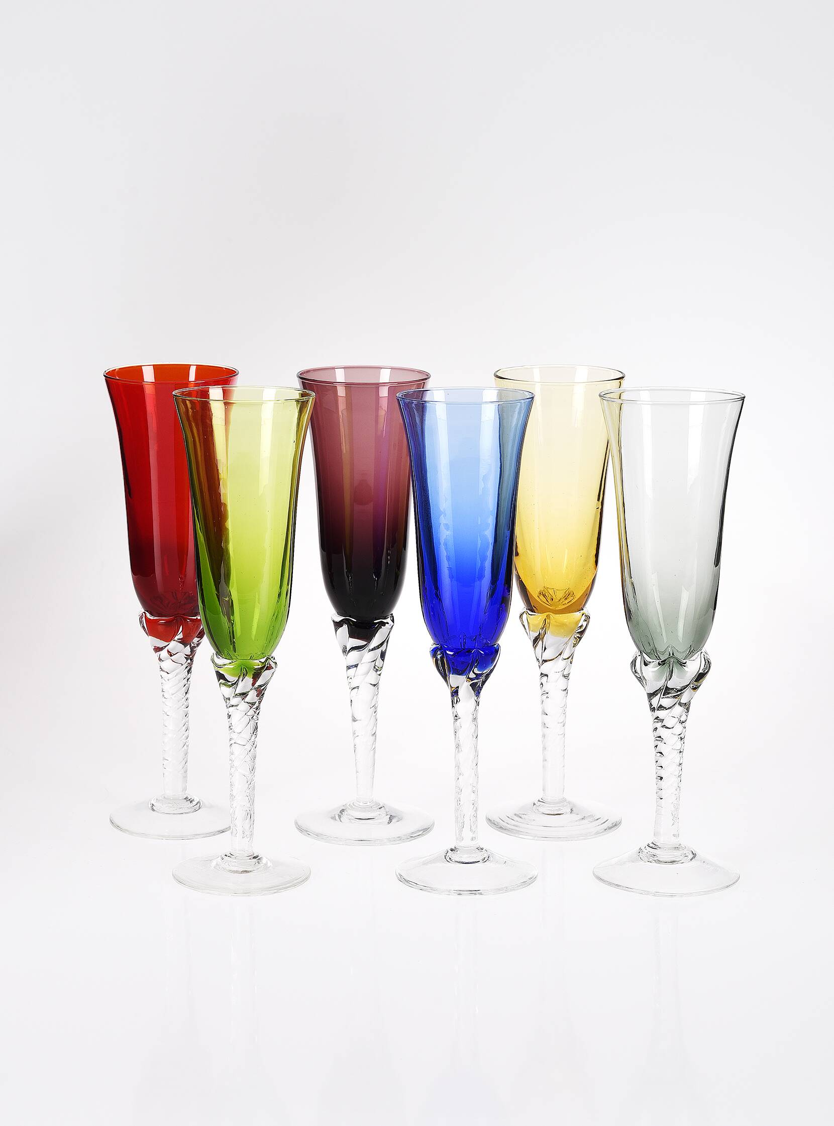 Set of 6 flutes Colorful glass champagne flutes.
