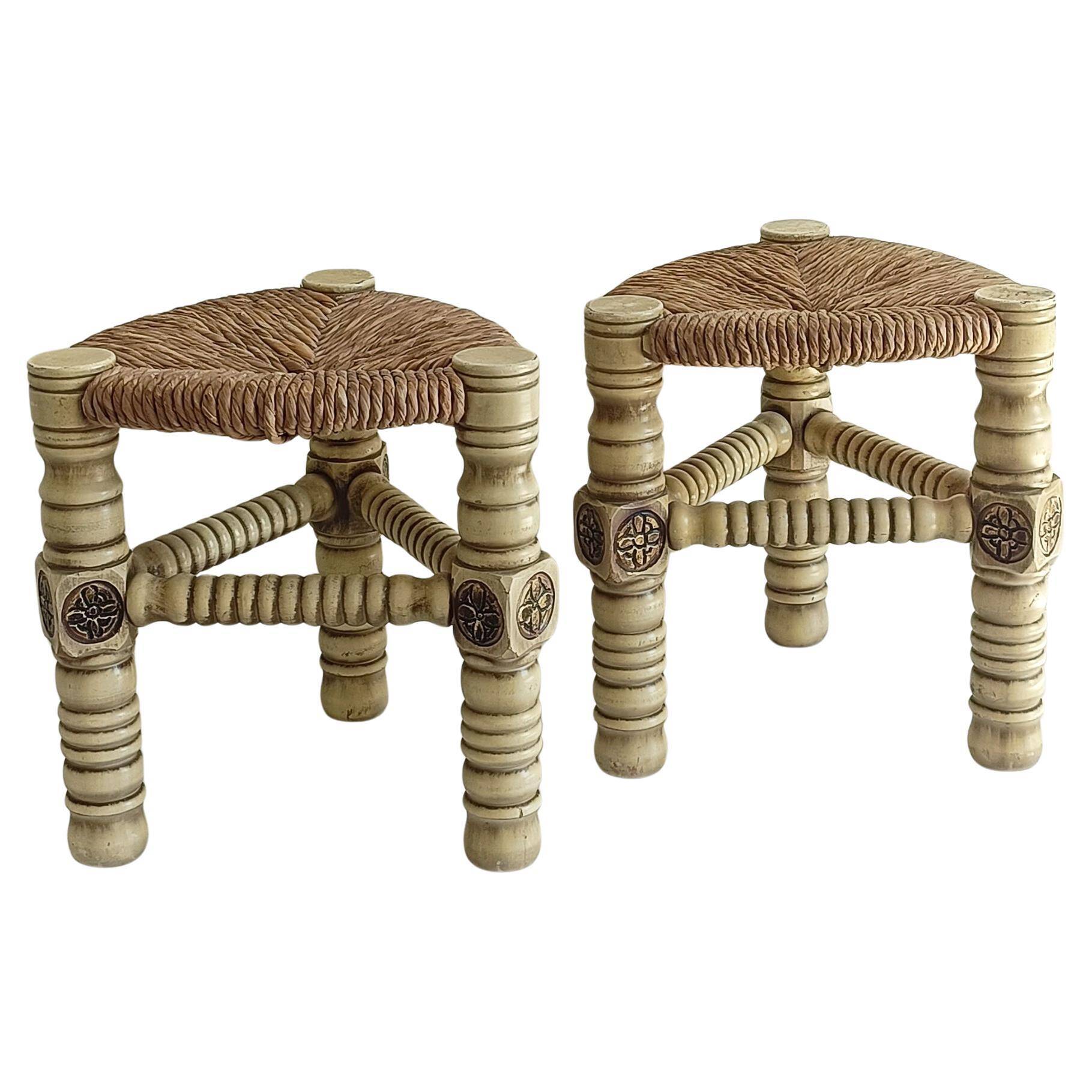 Brutalist Hand-Carved Wood and Fiber Stools, Belgium, Circa 1960s