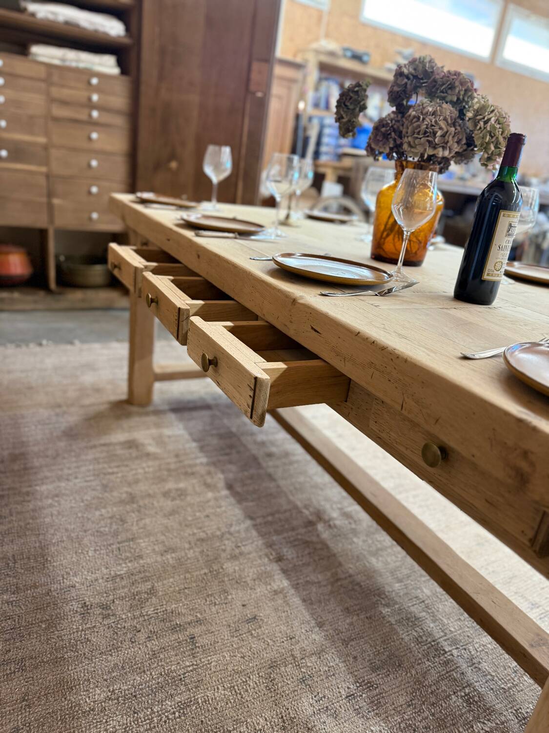 Large farmhouse table with 10 drawers