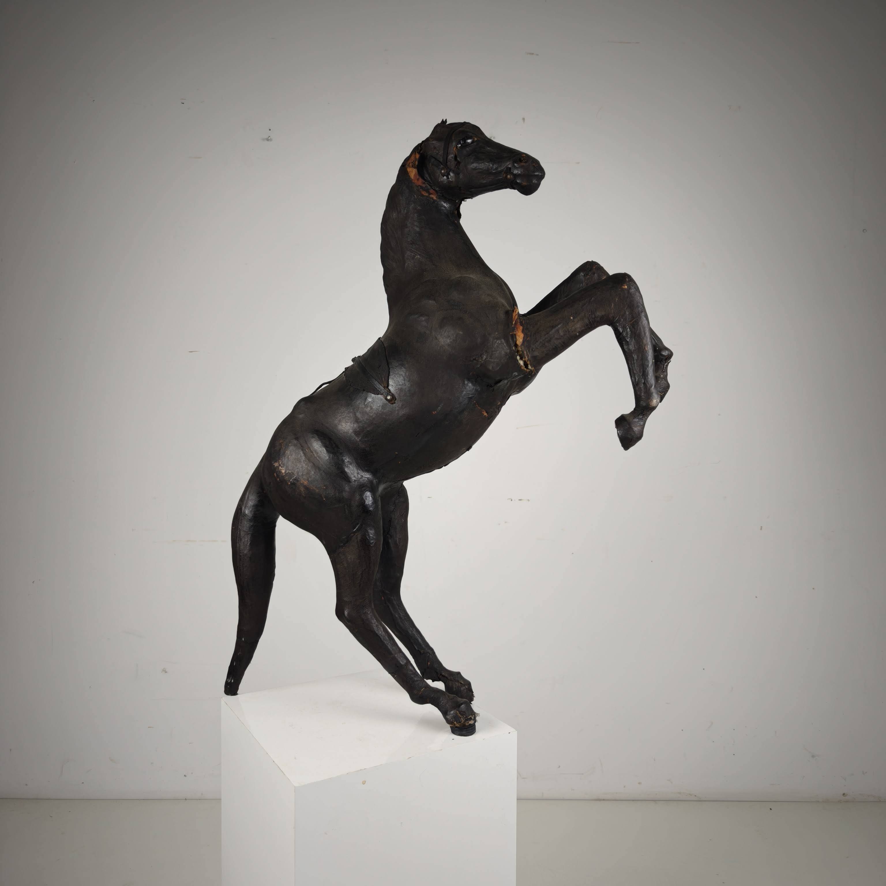 Early 20th Century Antique Leather Horse Sculpture with Glass Eyes