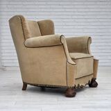 1950s, Danish relax chair, furniture velour with patina, oak wood legs.