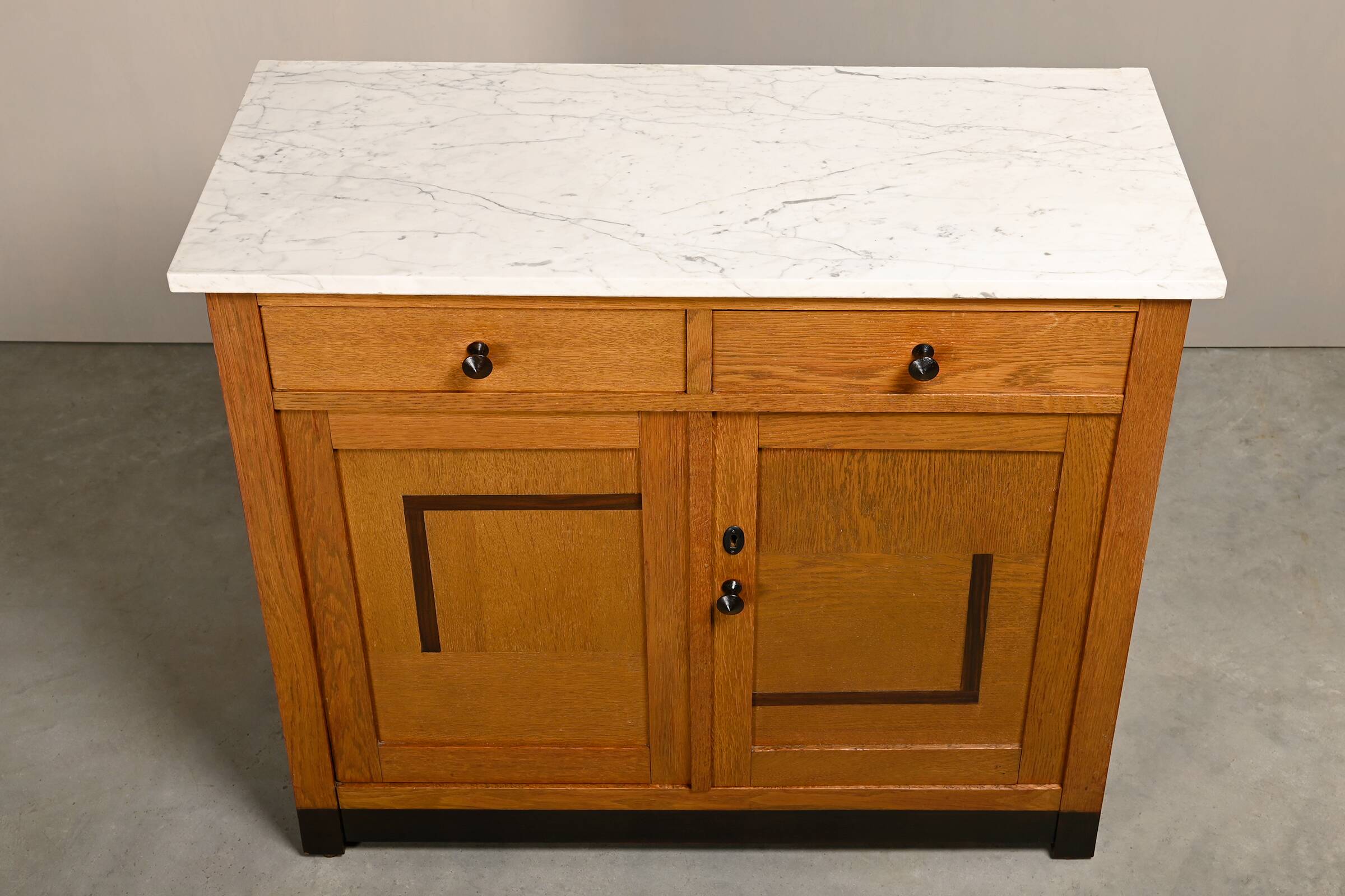 Art Deco Amsterdam School Cabinet Sideboard Oak and Marble, 1930s Netherlan