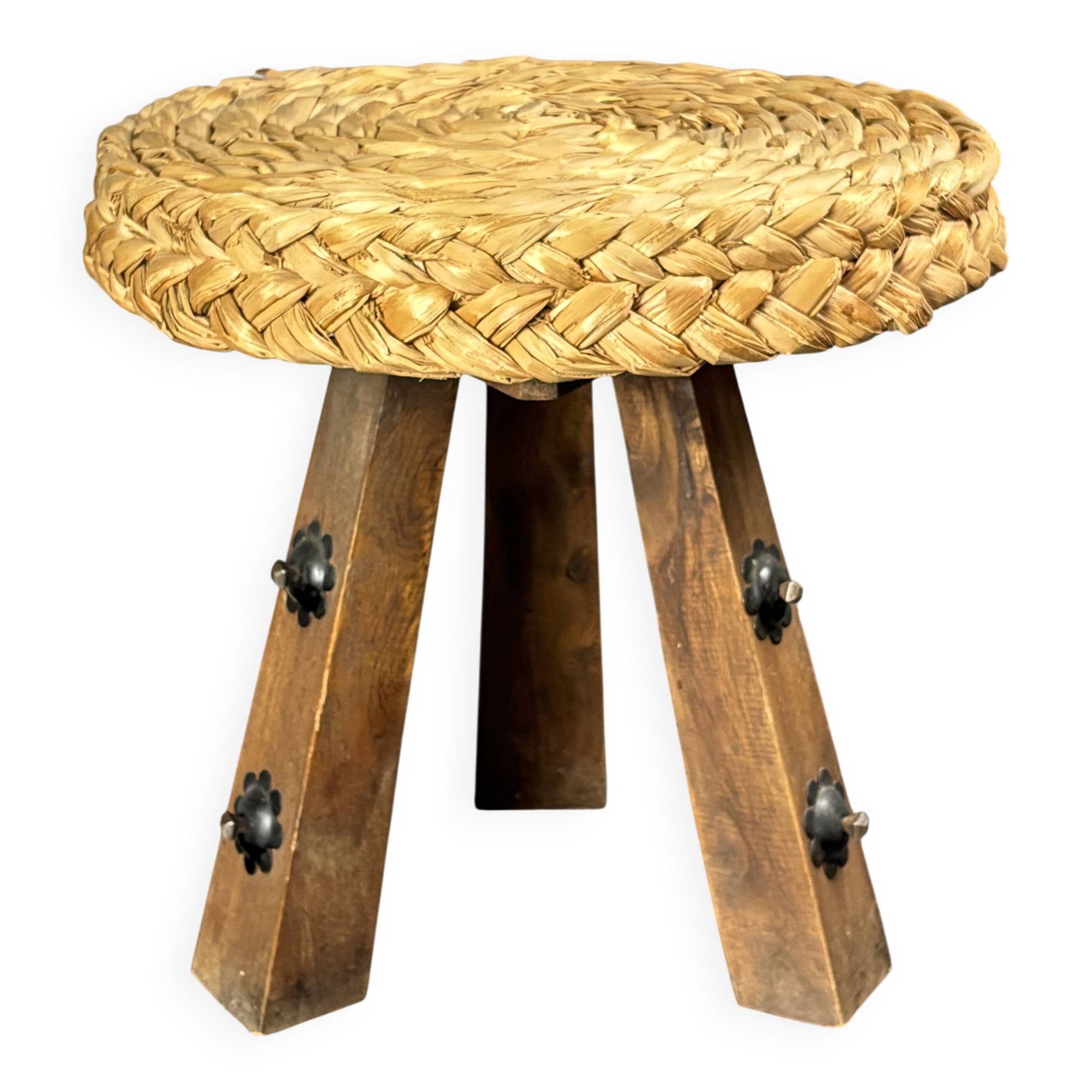 Midcentury braided rope tripod stool in the style of Audoux & Minet, 1950s