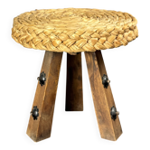Midcentury braided rope tripod stool in the style of Audoux & Minet, 1950s
