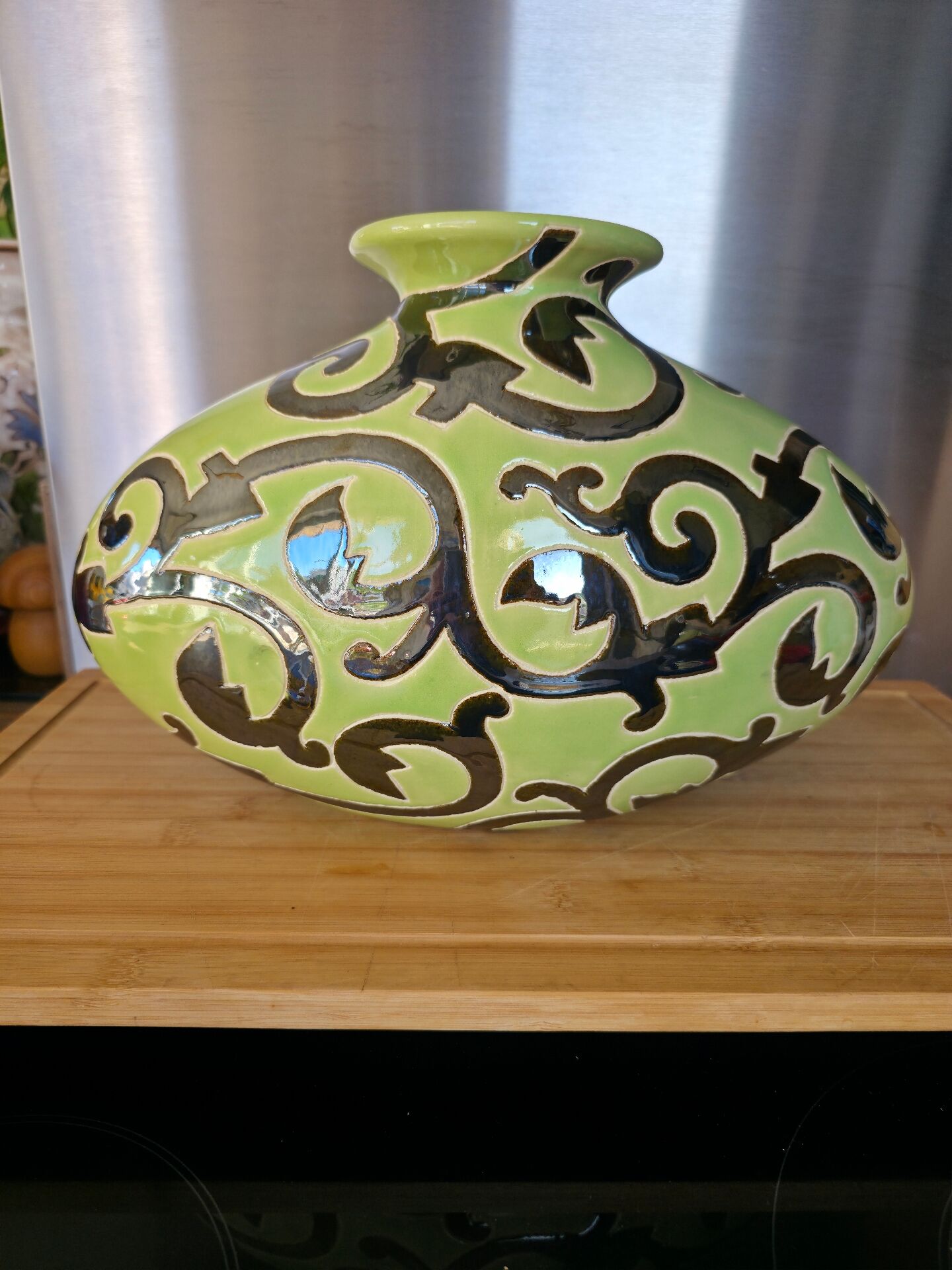 Vintage ceramic pebble vase green & black 35 cm