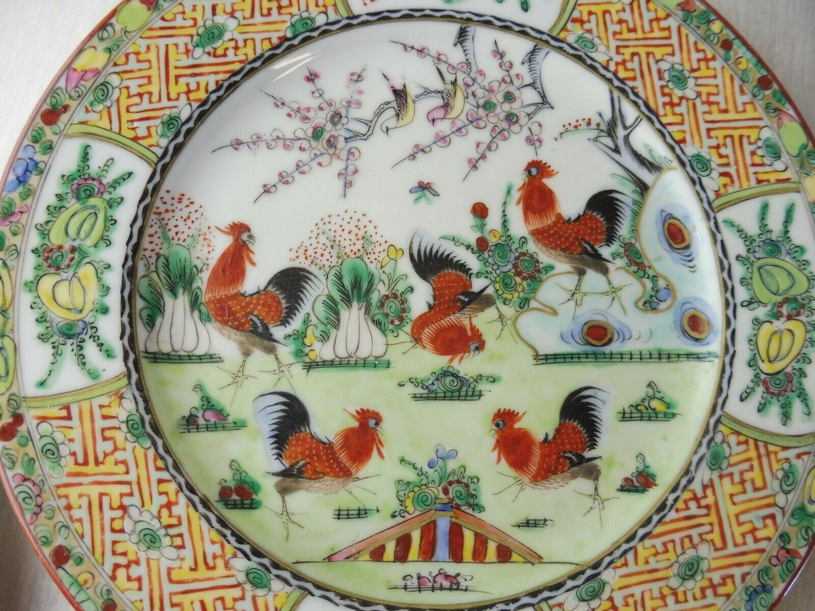Lot of old Chinese porcelain plates, 5 roosters decoration, stamp, 19th