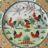 Lot of old Chinese porcelain plates, 5 roosters decoration, stamp, 19th