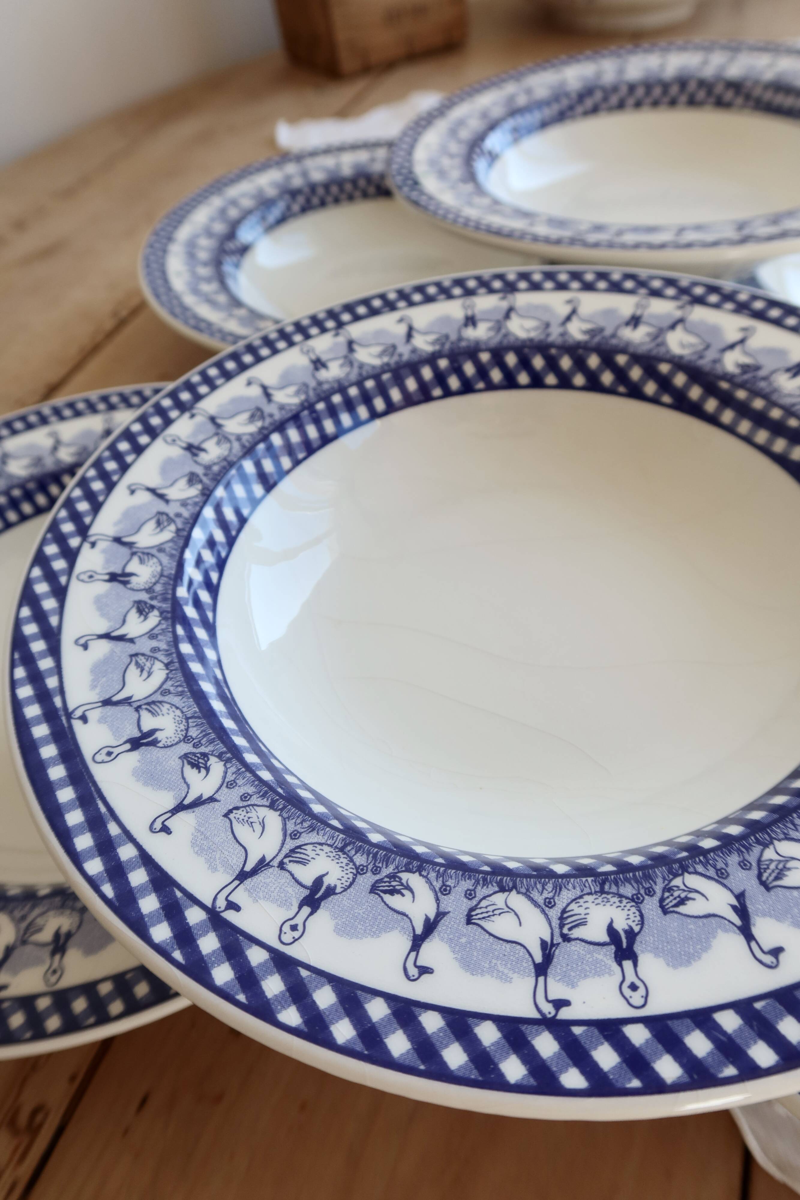 6 vintage deep plates with blue goose vichy decor