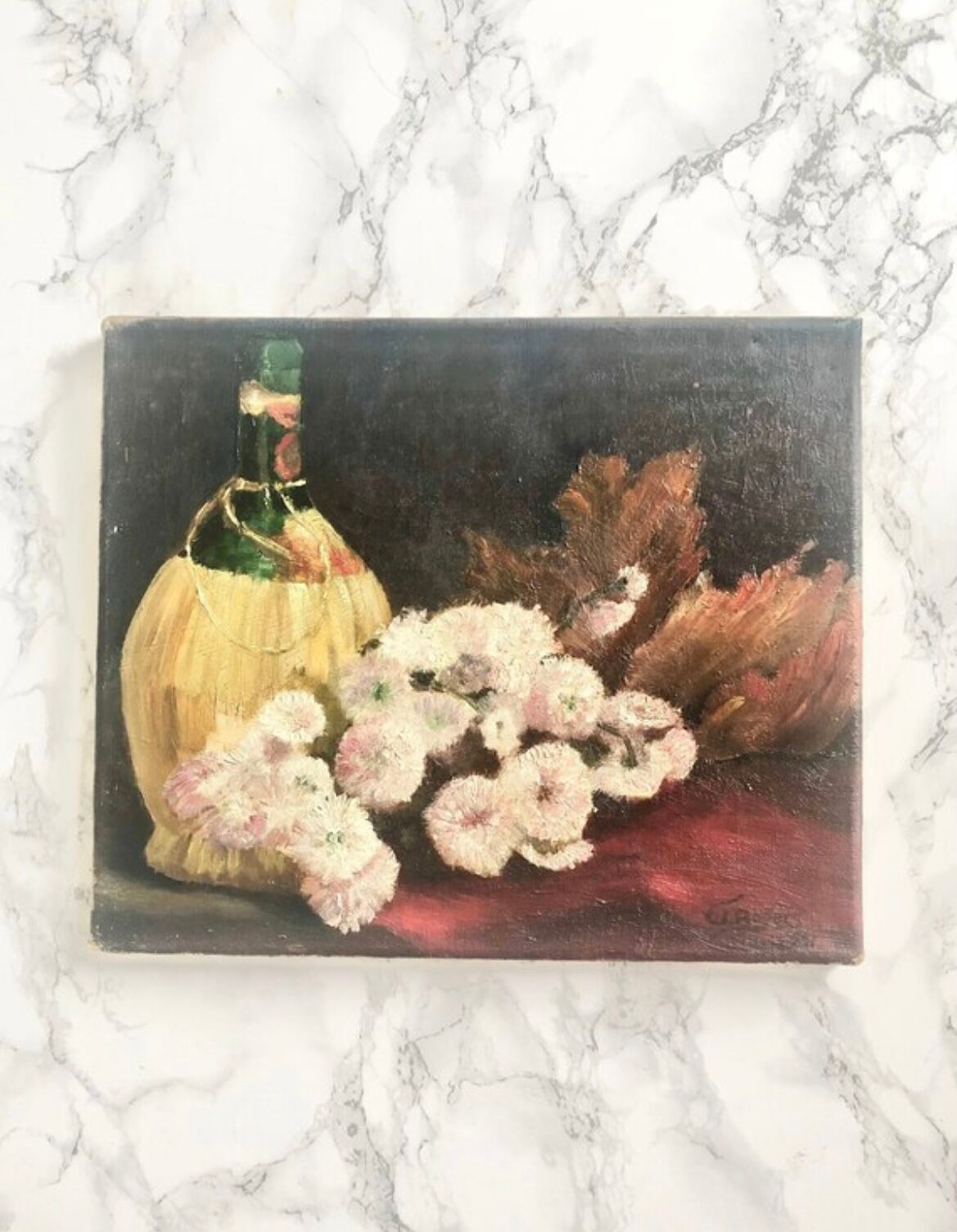 Oil on canvas depicting a still life of flowers