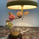 Lamp, Capodimonte, porcelain flowers, polychrome, brass leaves, cherry marble base, lampshade