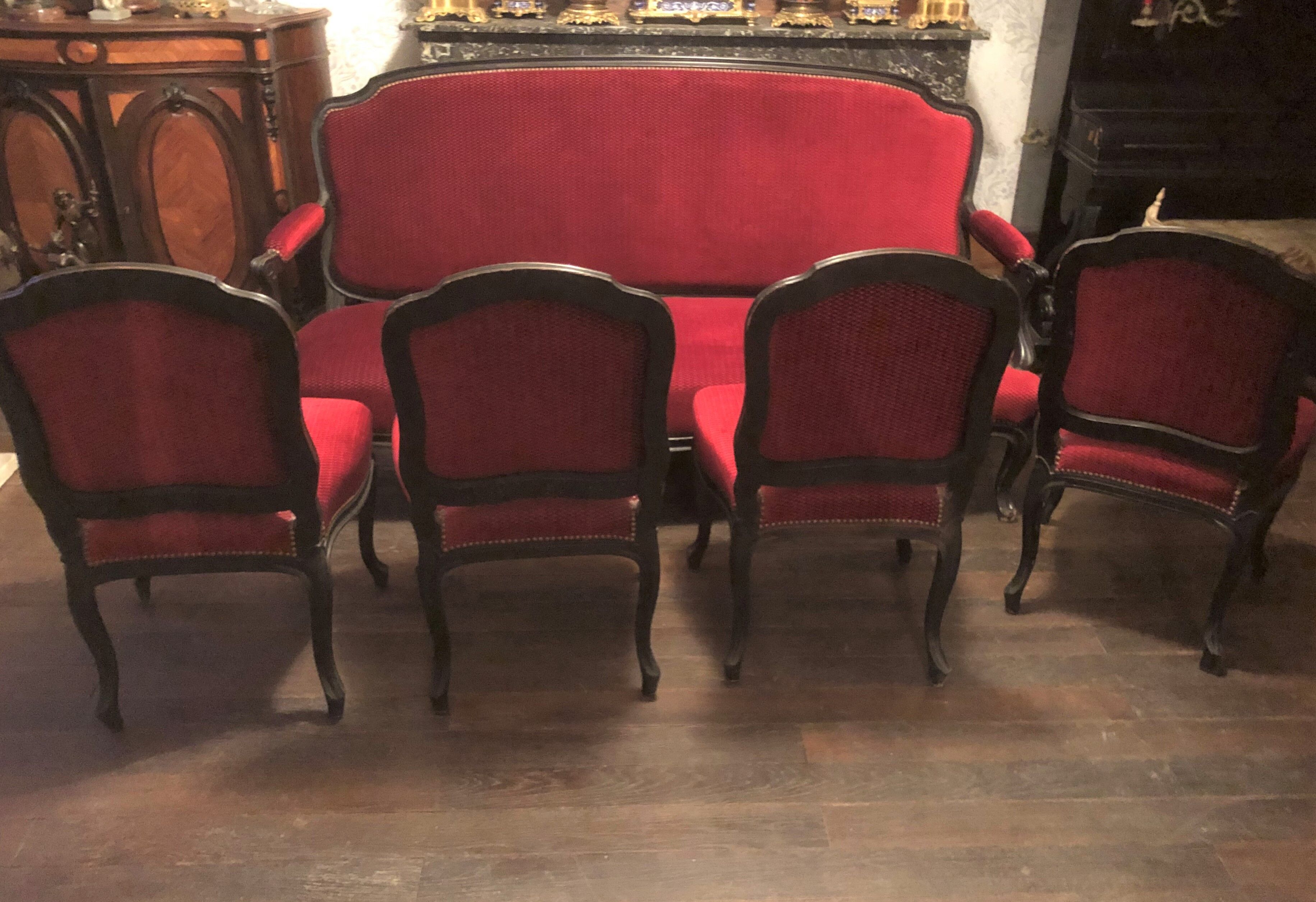 Living room NAPOLEON 3 sofa 3 places + 4 chairs PERFECT STATE blackened wood Red fabric