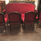 Salon Napoleon III 19 eme canapé 3 places et 4 chaises parfait etat bois noirci tissu rouge
