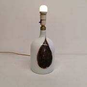 Older table lamp in milky white opaline glass with purple pattern / details from danish holmegaard.