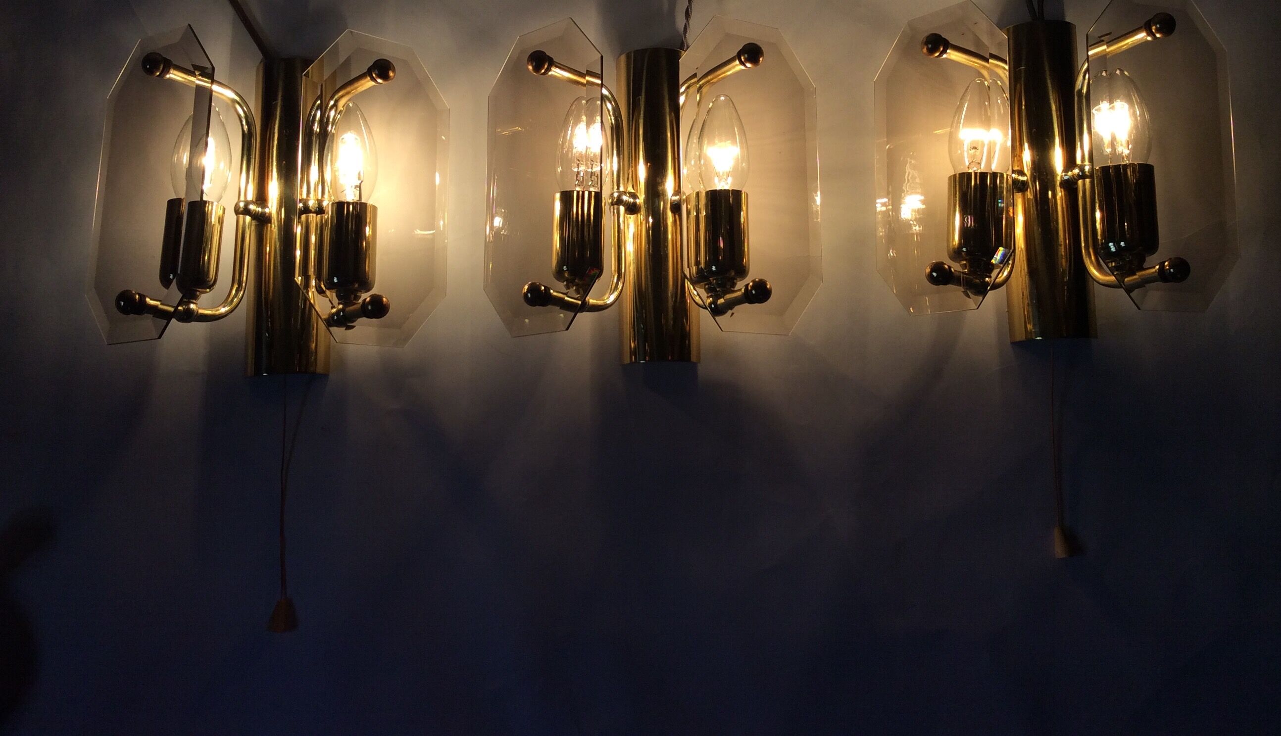 3 brass and vintage glass wall sconces