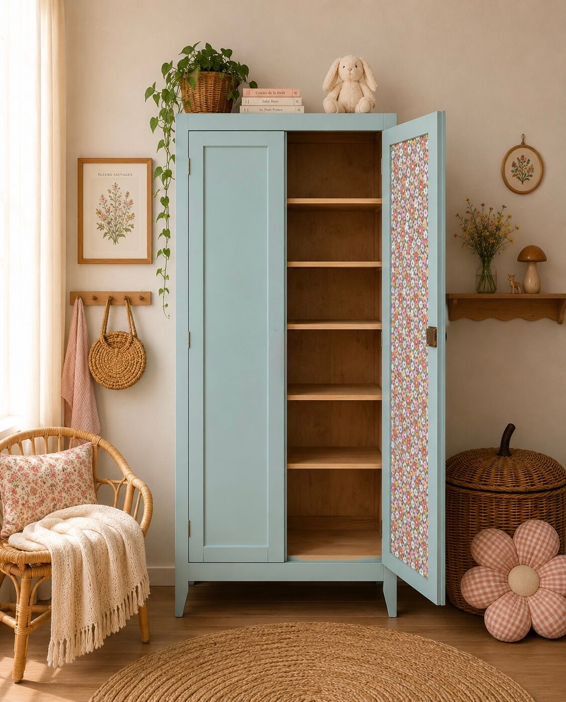 Vintage Parisian wardrobe in grey-blue green.