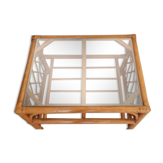 Rattan coffee table and vintage glass