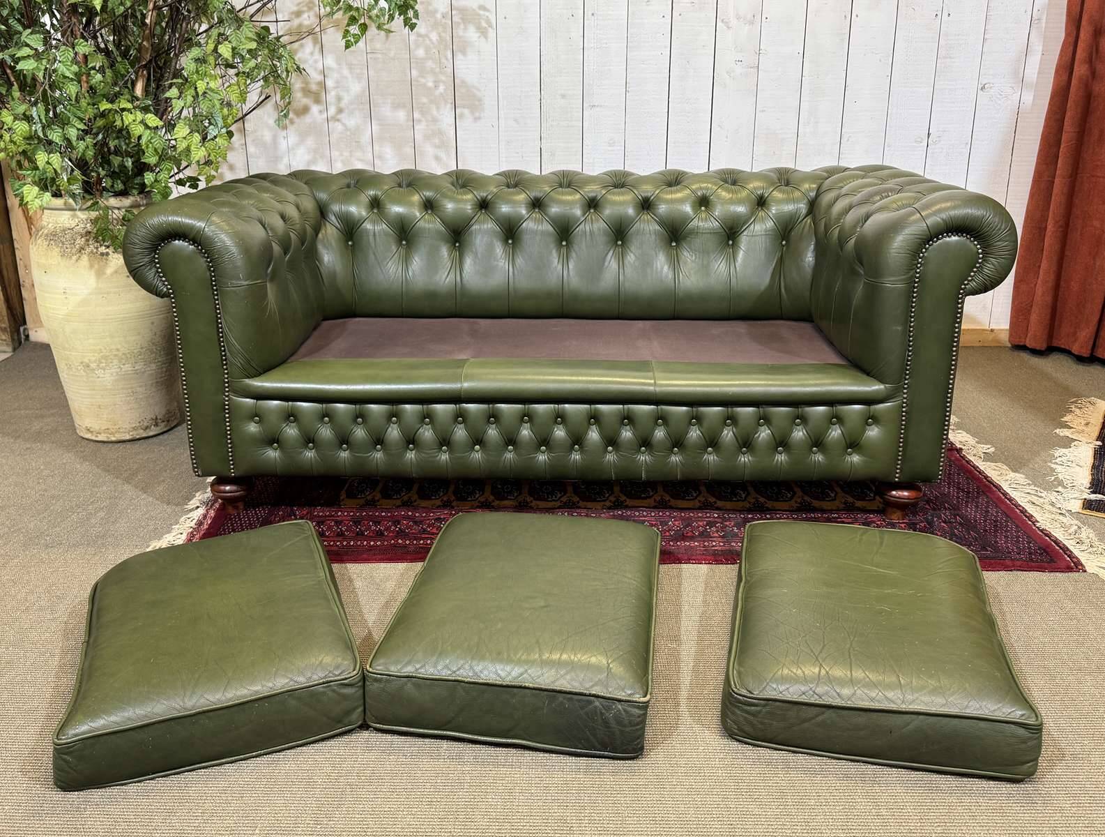 Chesterfield leather 3-seater sofa with mahogany legs - English craftsmanship