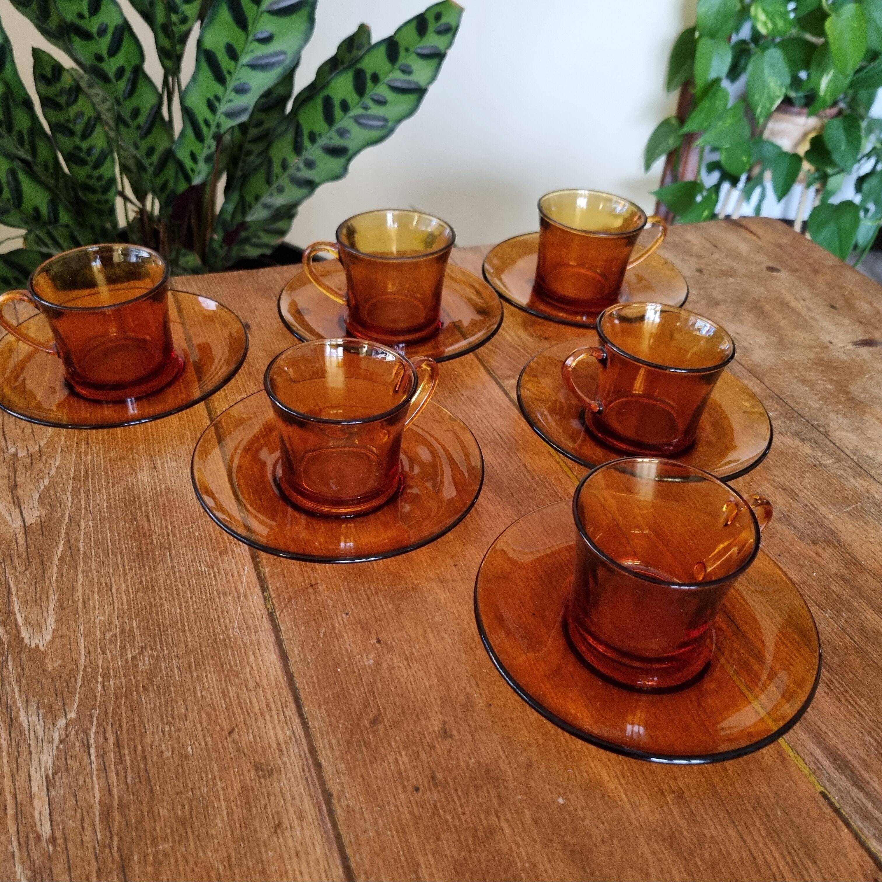 Set of 6 cups & saucers vintage Duralex amber glass signed