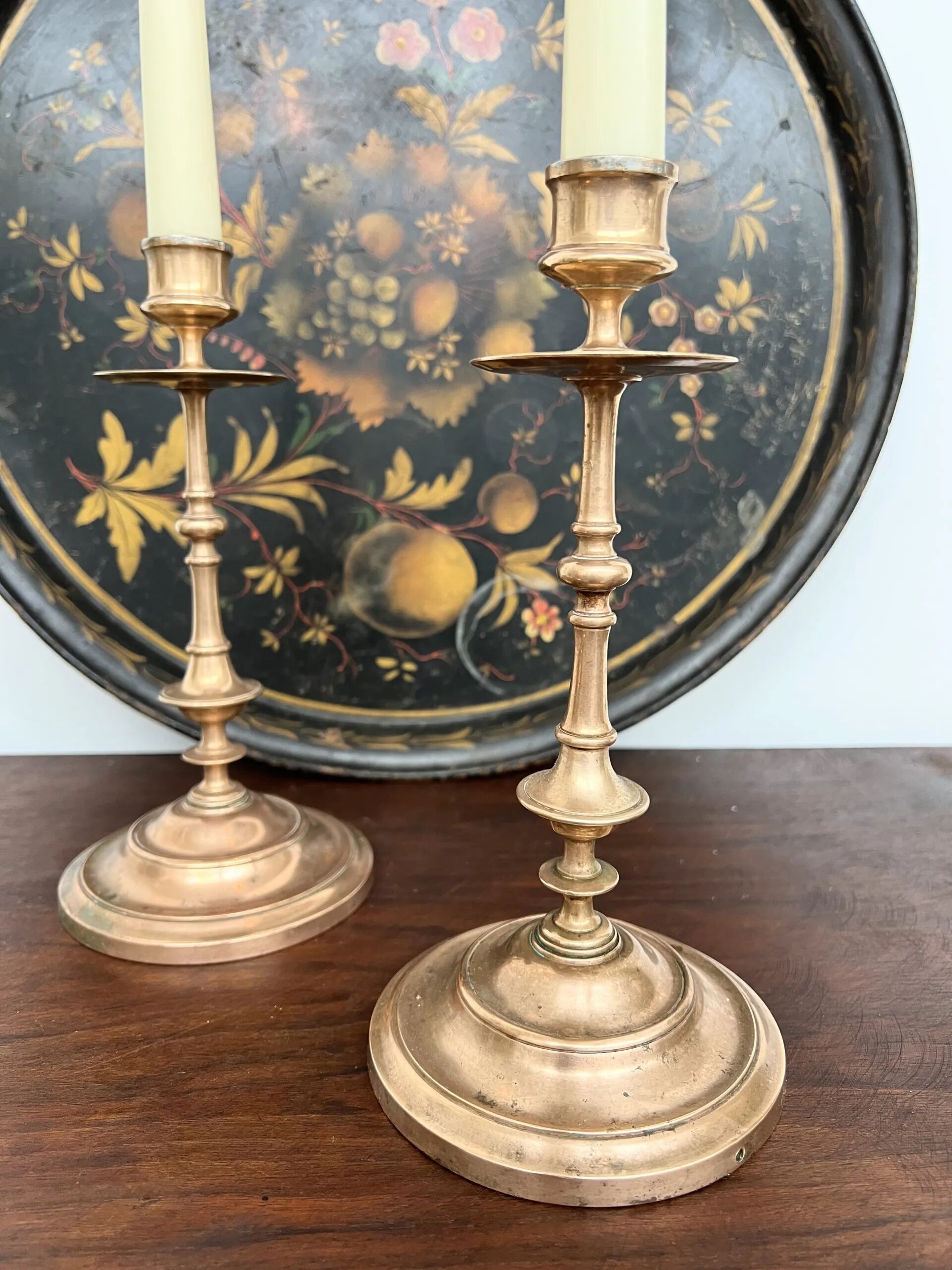 Pair of antique turned rose brass candlesticks (24 cm)